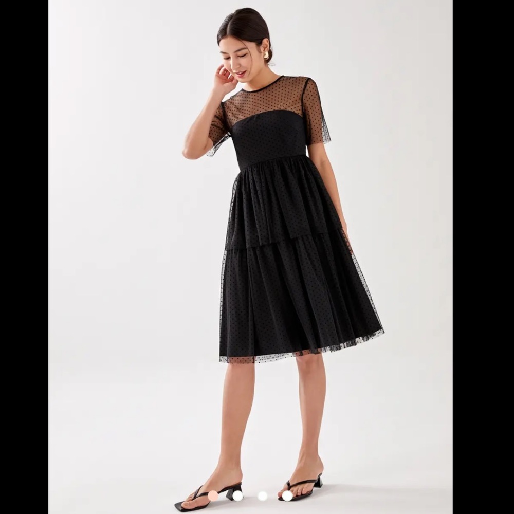 Black mesh tulle dot midi dress